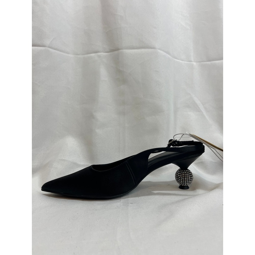 A New Day Womens Black Satin Slingback Pointed Toe Rhinestone Orb Heel Pumps 8.5 - Picture 4 of 6